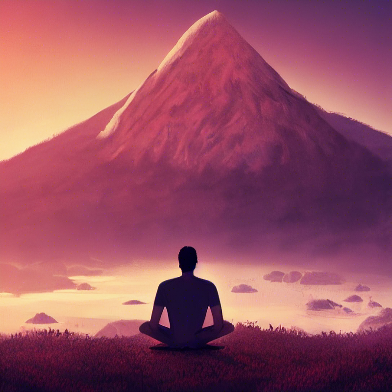 Ein Mann meditiert vor einem Berg.