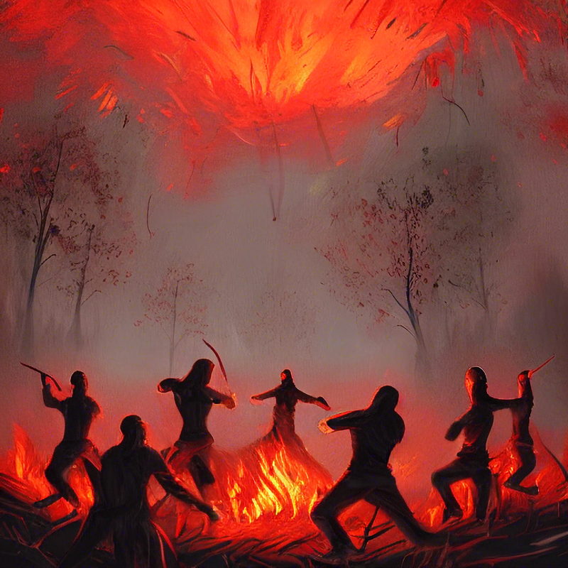 Männer tanzen ums Feuer.