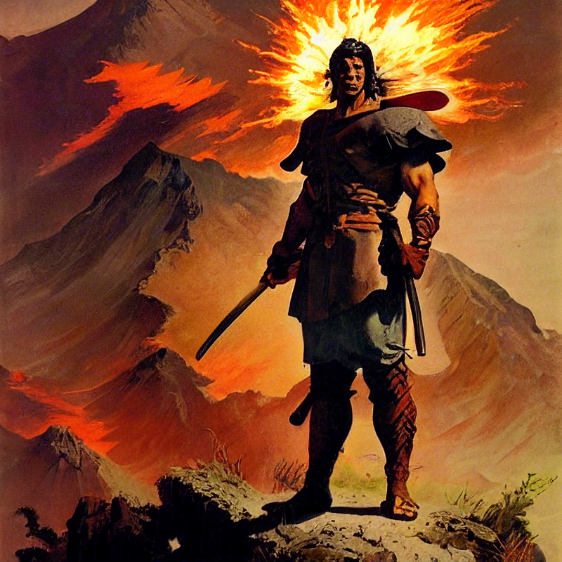 Ein Krieger vor einem Berg.